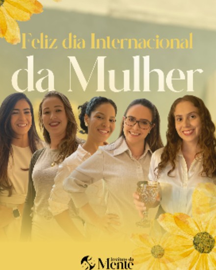 Cinco mulheres sorrindo lado a lado em arte do Instituto da Mente pelo Dia Internacional da Mulher